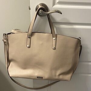 Carlos Santana Cream Leather Tote Bag with Snakeskin Print Interior